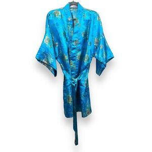 Solz Squirrel Robe Women One Size Blue Turquoise Aqua Floral Embroidered Kimono